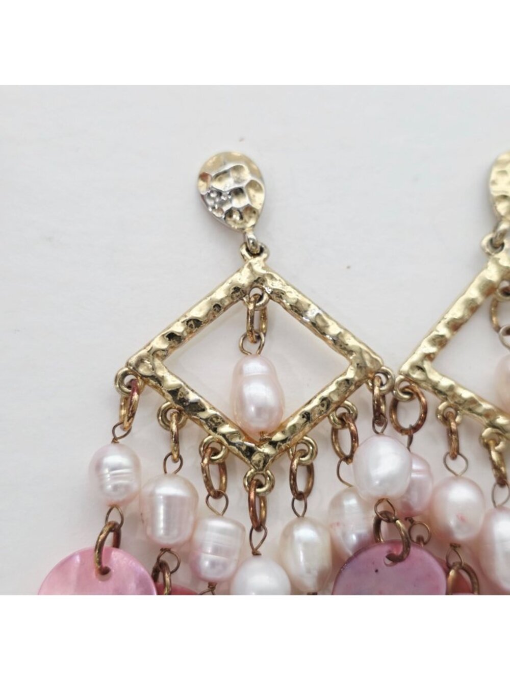 Pink & Gold Chandelier Earrings With Freshwater Pearls & Shell Discs 3" - Picture 2 of 7